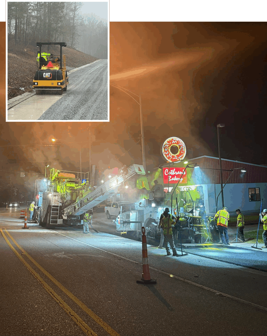 Nighttime roadwork with heavy equipment